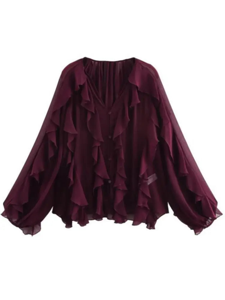 Elegant Loose Long Sleeve Layered Shirts Office Lady Vintage V-neck Translucent Ruffles Blouses