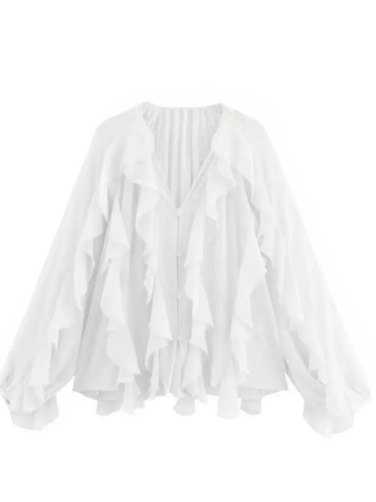 Elegant Loose Long Sleeve Layered Shirts Office Lady Vintage V-neck Translucent Ruffles Blouses