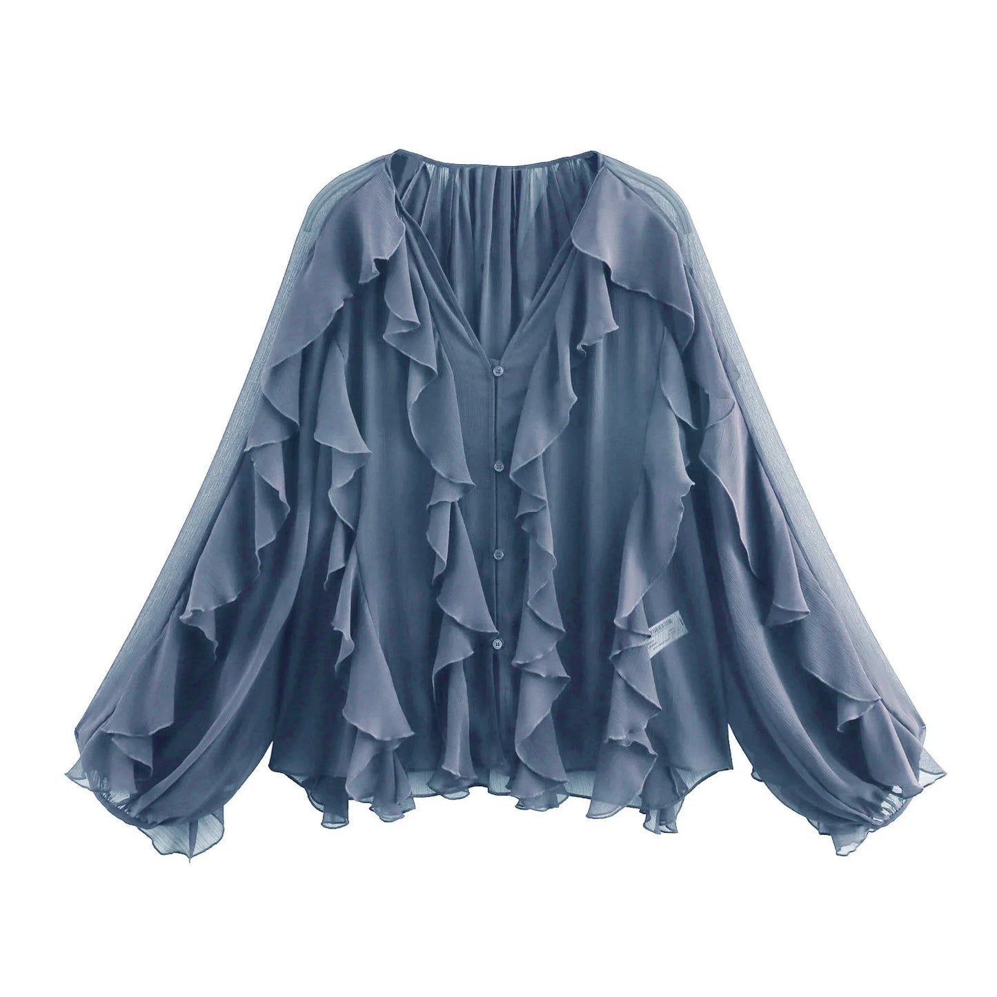 Elegant Loose Long Sleeve Layered Shirts Office Lady Vintage V-neck Translucent Ruffles Blouses