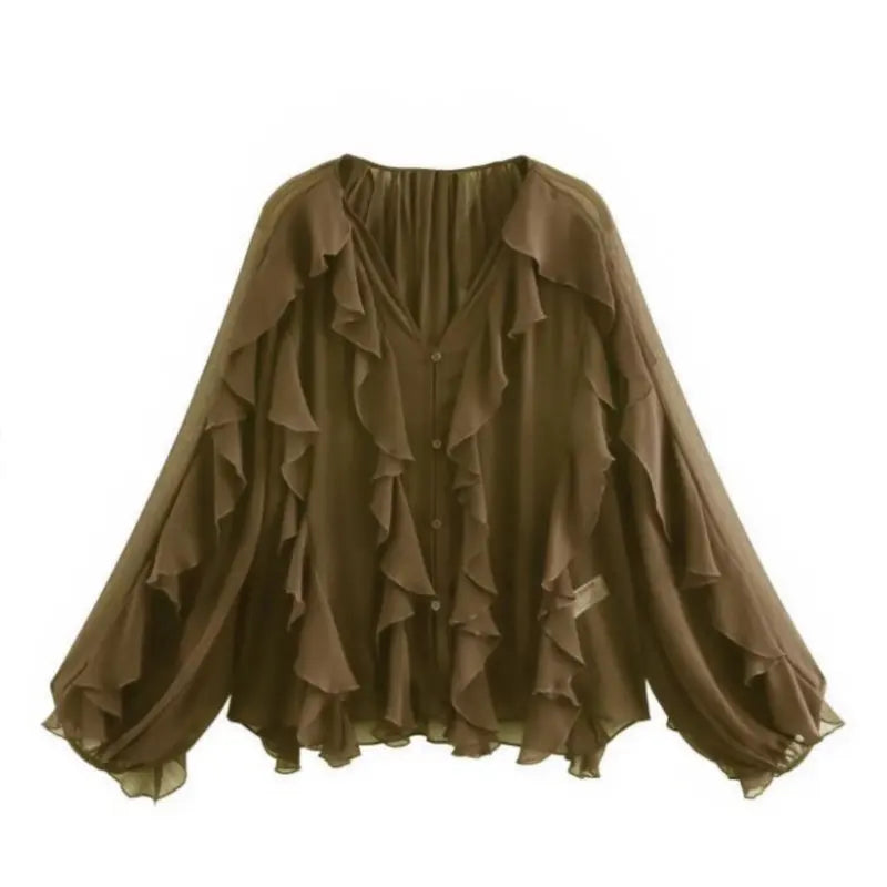 Elegant Loose Long Sleeve Layered Shirts Office Lady Vintage V-neck Translucent Ruffles Blouses