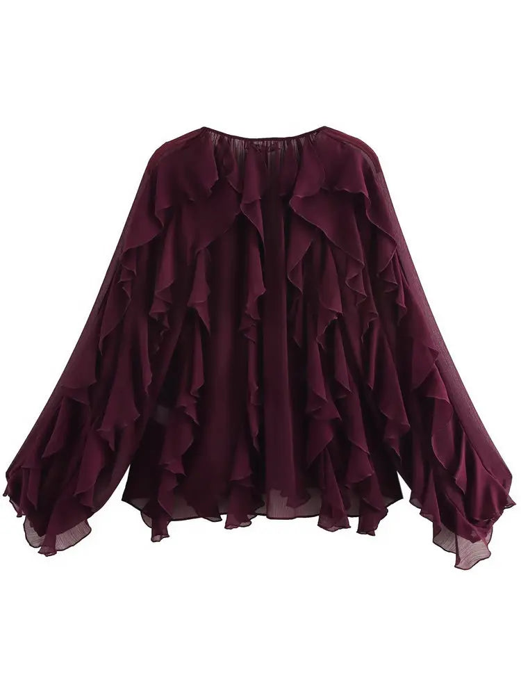 Elegant Loose Long Sleeve Layered Shirts Office Lady Vintage V-neck Translucent Ruffles Blouses