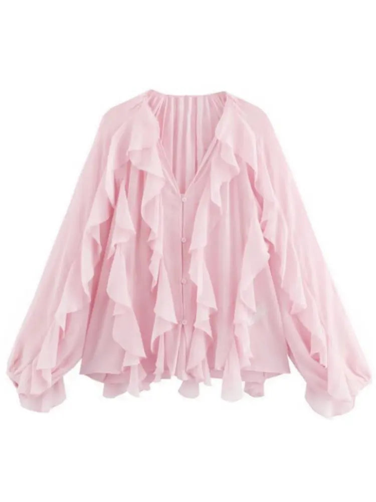Elegant Loose Long Sleeve Layered Shirts Office Lady Vintage V-neck Translucent Ruffles Blouses