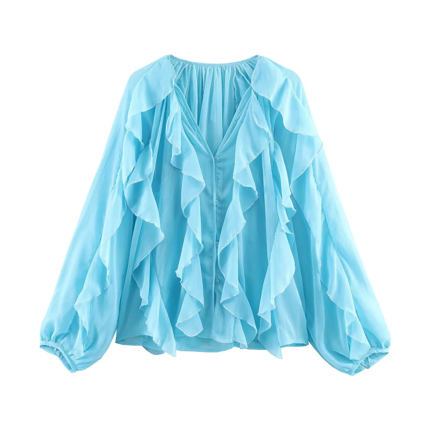 Elegant Loose Long Sleeve Layered Shirts Office Lady Vintage V-neck Translucent Ruffles Blouses