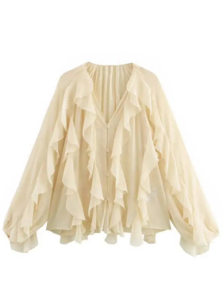 Elegant Loose Long Sleeve Layered Shirts Office Lady Vintage V-neck Translucent Ruffles Blouses
