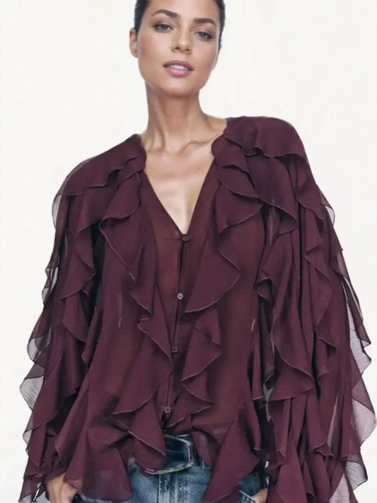 Elegant Loose Long Sleeve Layered Shirts Office Lady Vintage V-neck Translucent Ruffles Blouses