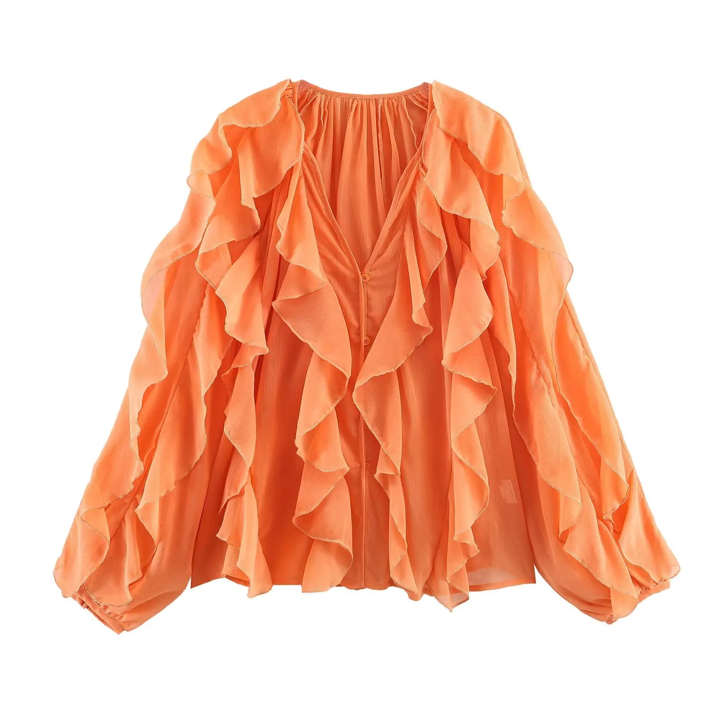 Elegant Loose Long Sleeve Layered Shirts Office Lady Vintage V-neck Translucent Ruffles Blouses
