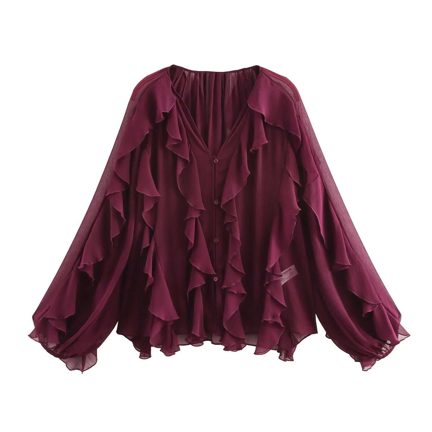Elegant Loose Long Sleeve Layered Shirts Office Lady Vintage V-neck Translucent Ruffles Blouses