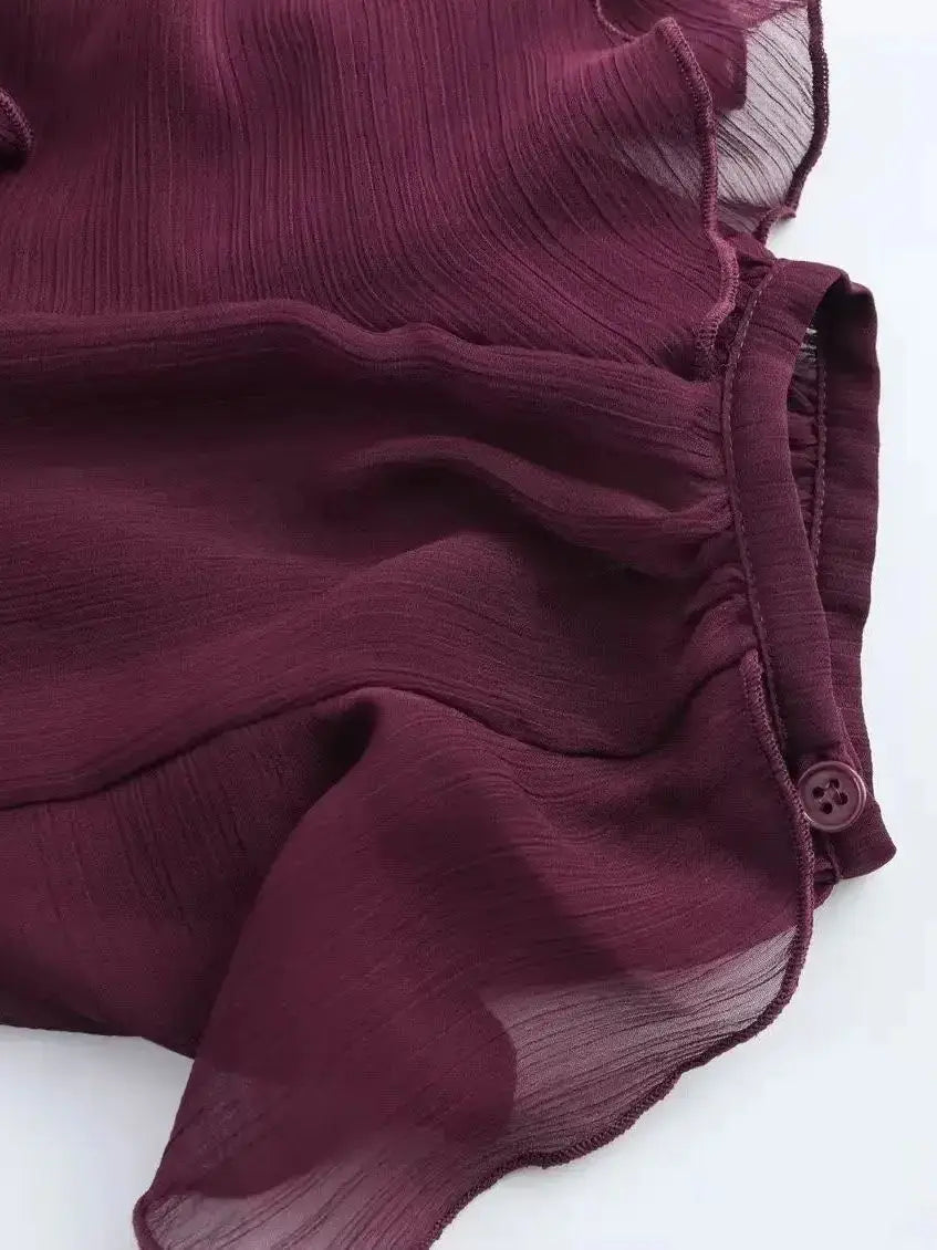 Elegant Loose Long Sleeve Layered Shirts Office Lady Vintage V-neck Translucent Ruffles Blouses