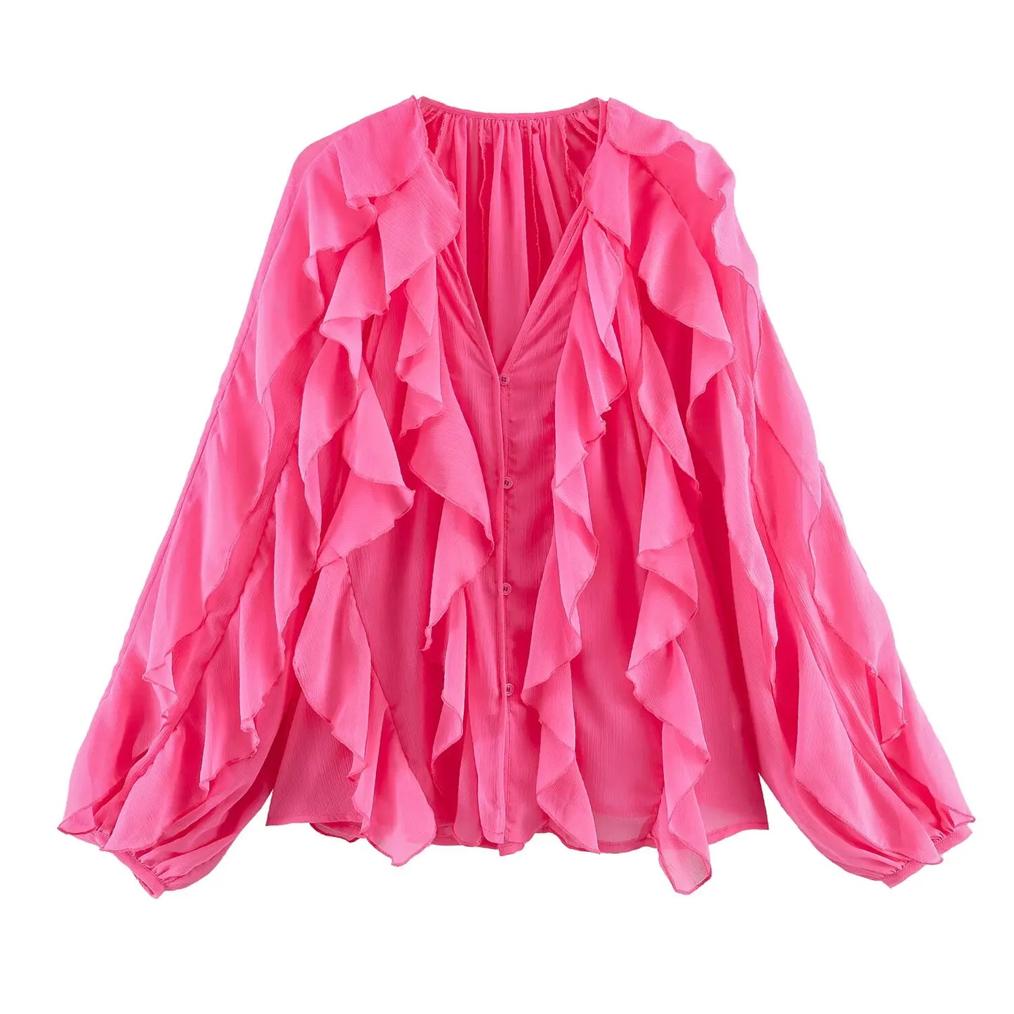 Elegant Loose Long Sleeve Layered Shirts Office Lady Vintage V-neck Translucent Ruffles Blouses