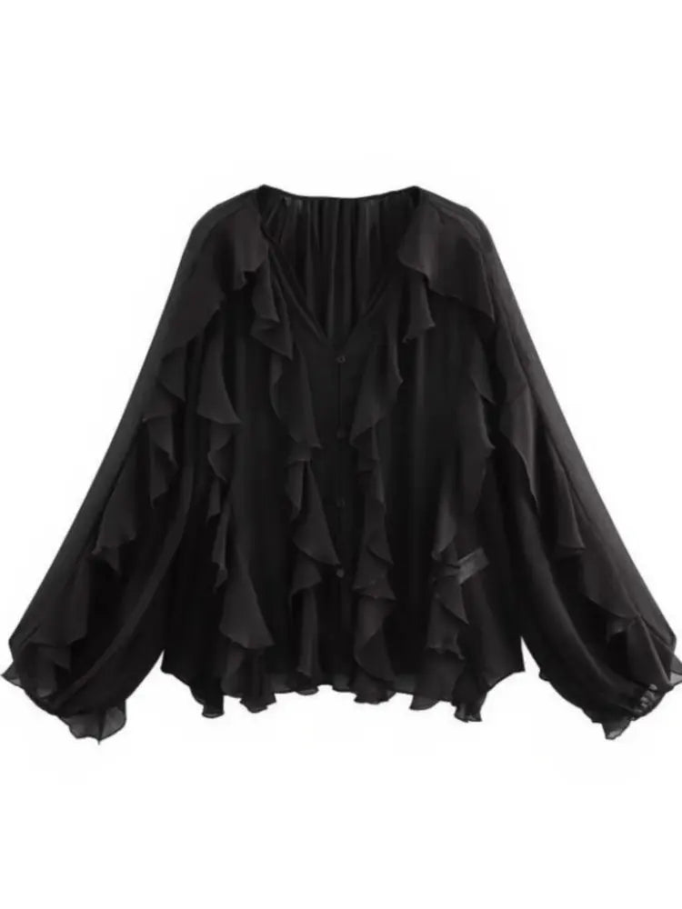 Elegant Loose Long Sleeve Layered Shirts Office Lady Vintage V-neck Translucent Ruffles Blouses